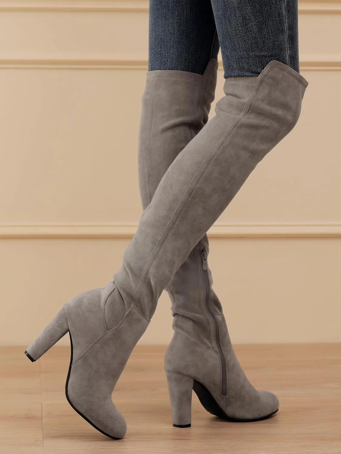 Shoe'N Tale Women Faux Suede Chunky Heel Stretch Over The Knee Thigh High Boots