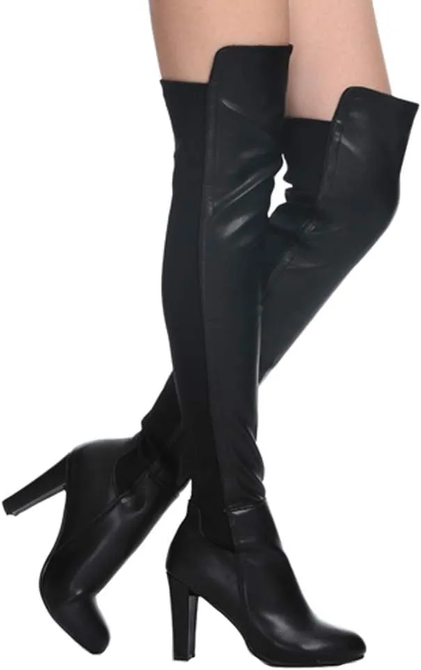 Shoe'N Tale Women Faux Suede Chunky Heel Stretch Over The Knee Thigh High Boots