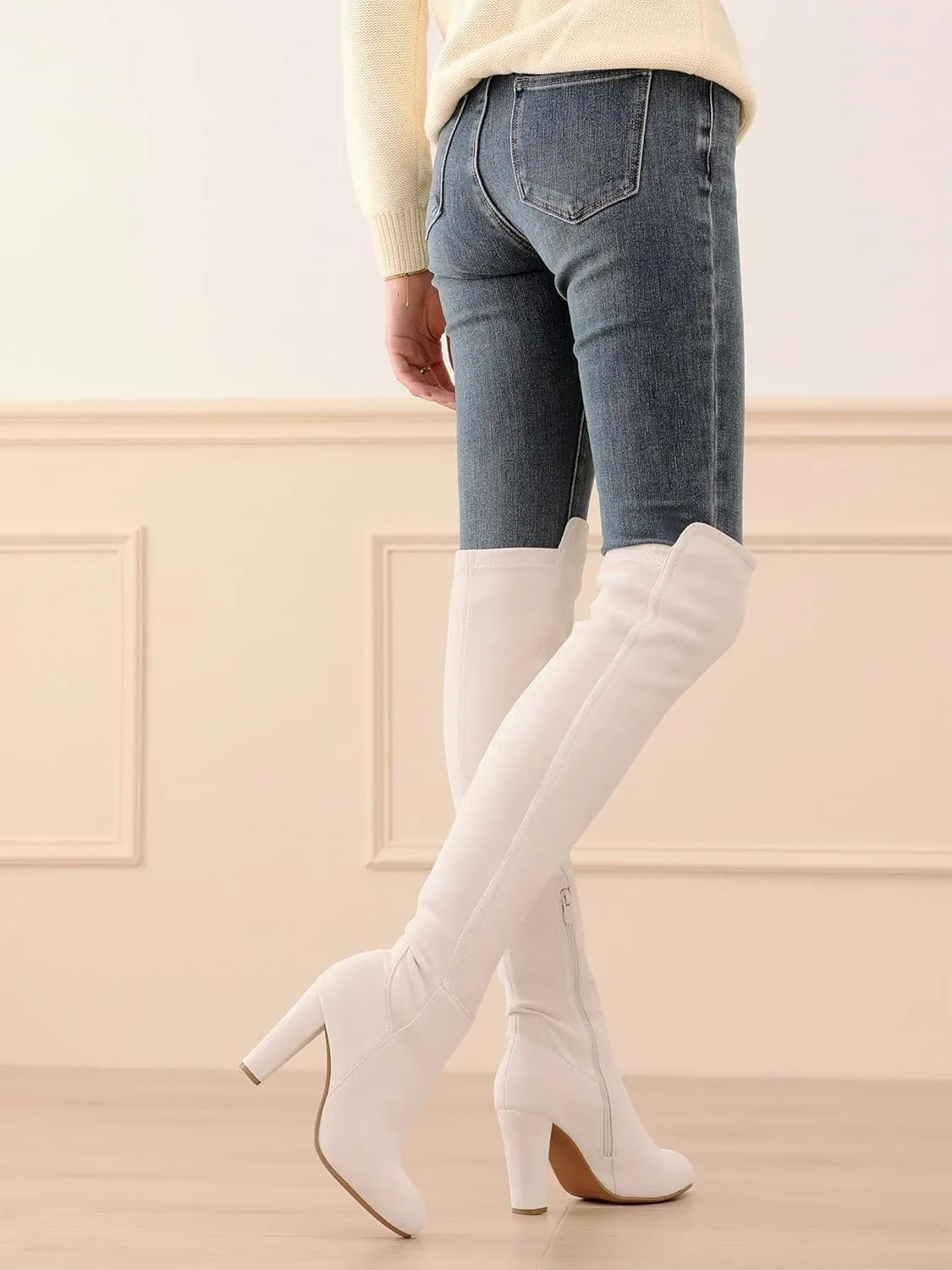 Shoe'N Tale Women Faux Suede Chunky Heel Stretch Over The Knee Thigh High Boots