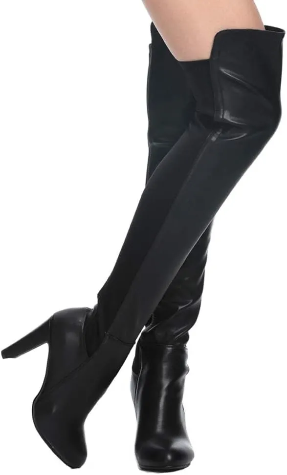 Shoe'N Tale Women Faux Suede Chunky Heel Stretch Over The Knee Thigh High Boots