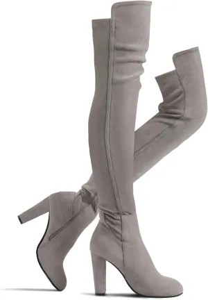 Shoe'N Tale Women Faux Suede Chunky Heel Stretch Over The Knee Thigh High Boots