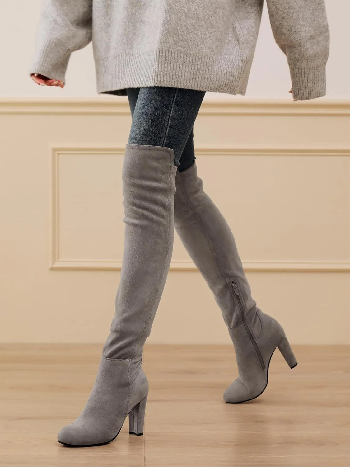 Shoe'N Tale Women Faux Suede Chunky Heel Stretch Over The Knee Thigh High Boots
