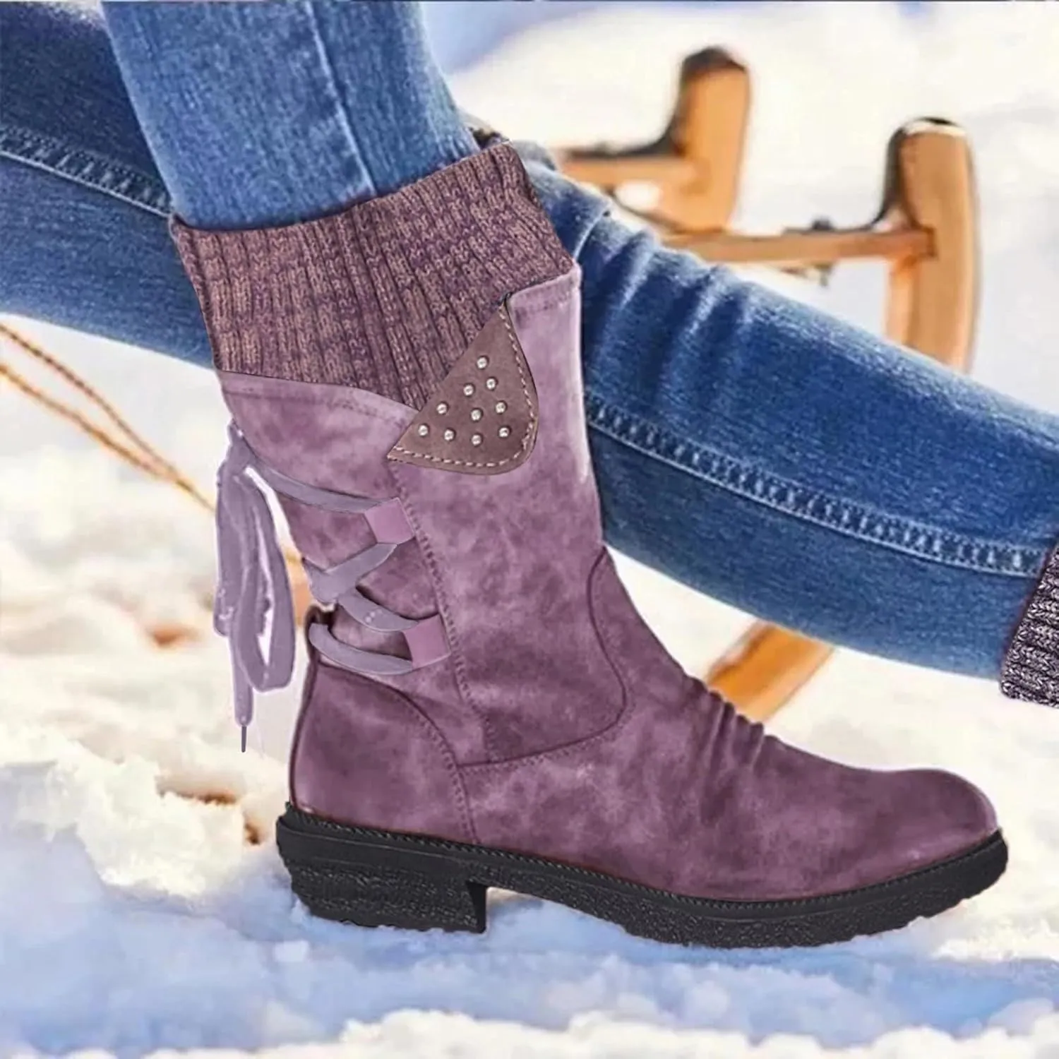 SnowBoots for Women Warm Stretch Knit Winter Shoes Lace Up Mid Calf Boots Slouchy Suede Boots Non Slip Hiking Boots
