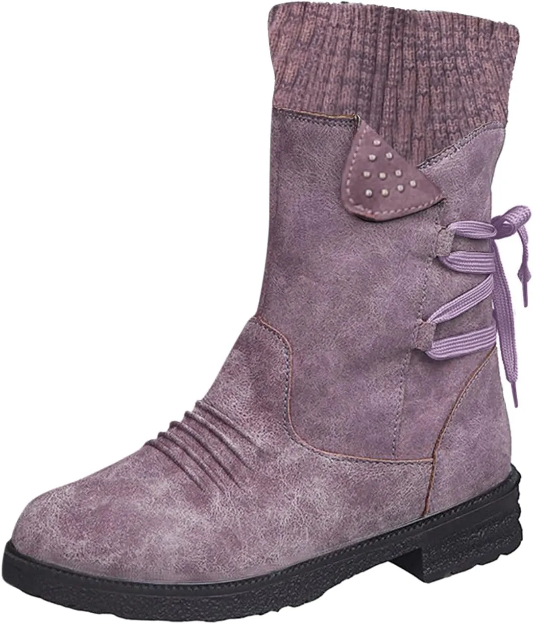 SnowBoots for Women Warm Stretch Knit Winter Shoes Lace Up Mid Calf Boots Slouchy Suede Boots Non Slip Hiking Boots