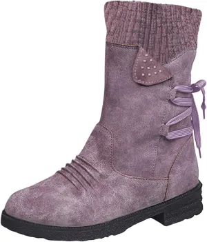 SnowBoots for Women Warm Stretch Knit Winter Shoes Lace Up Mid Calf Boots Slouchy Suede Boots Non Slip Hiking Boots