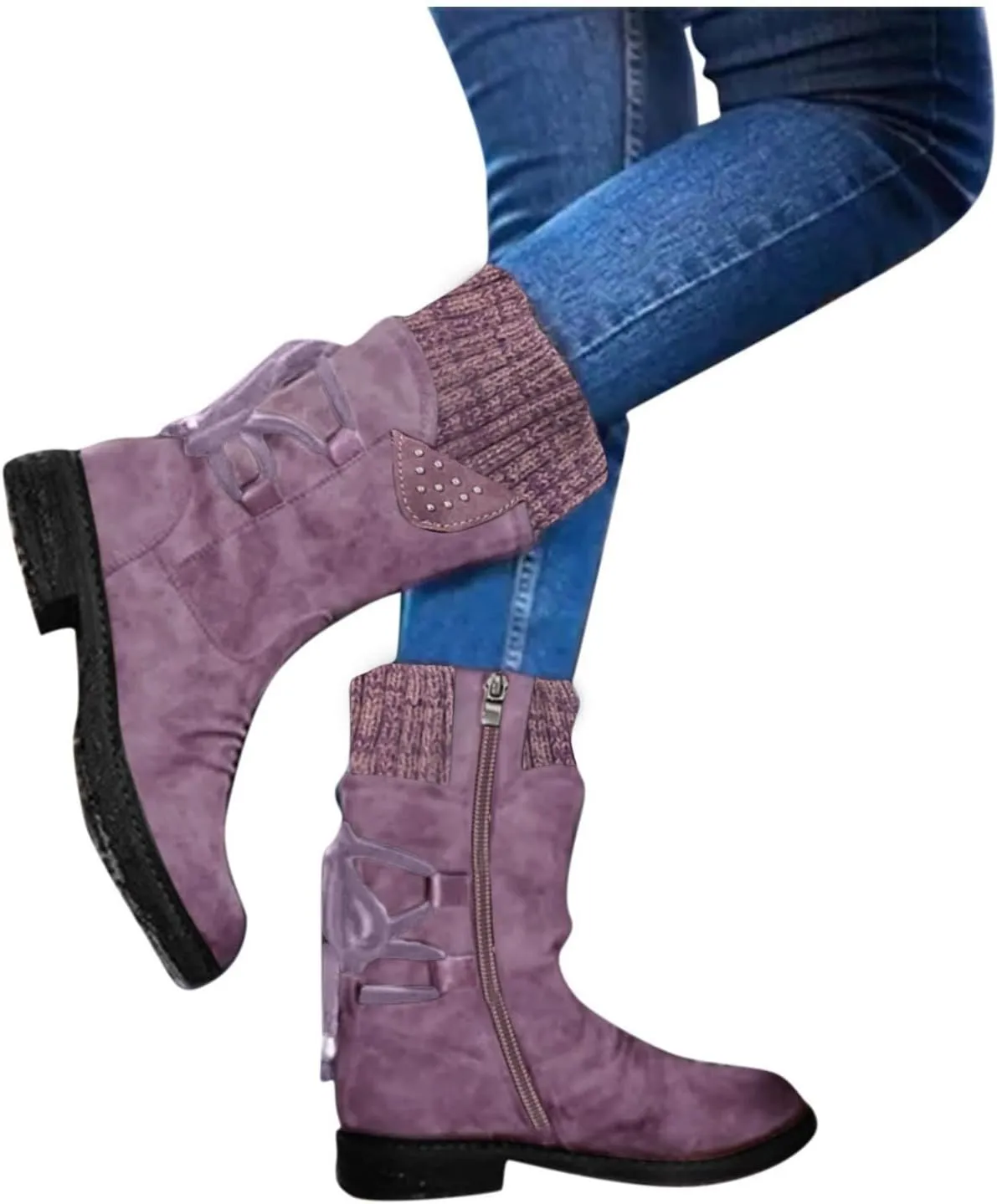 SnowBoots for Women Warm Stretch Knit Winter Shoes Lace Up Mid Calf Boots Slouchy Suede Boots Non Slip Hiking Boots