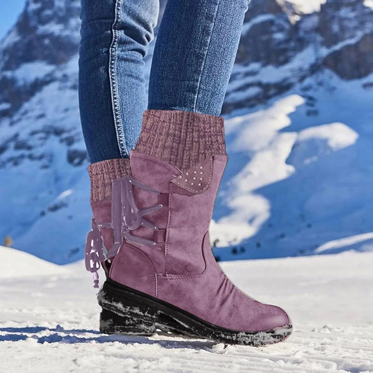 SnowBoots for Women Warm Stretch Knit Winter Shoes Lace Up Mid Calf Boots Slouchy Suede Boots Non Slip Hiking Boots