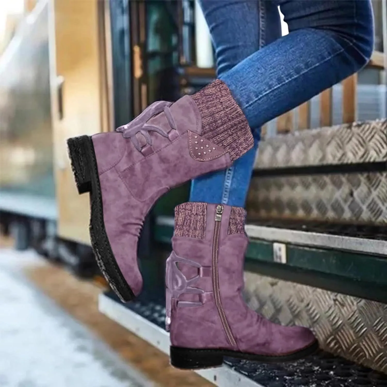 SnowBoots for Women Warm Stretch Knit Winter Shoes Lace Up Mid Calf Boots Slouchy Suede Boots Non Slip Hiking Boots