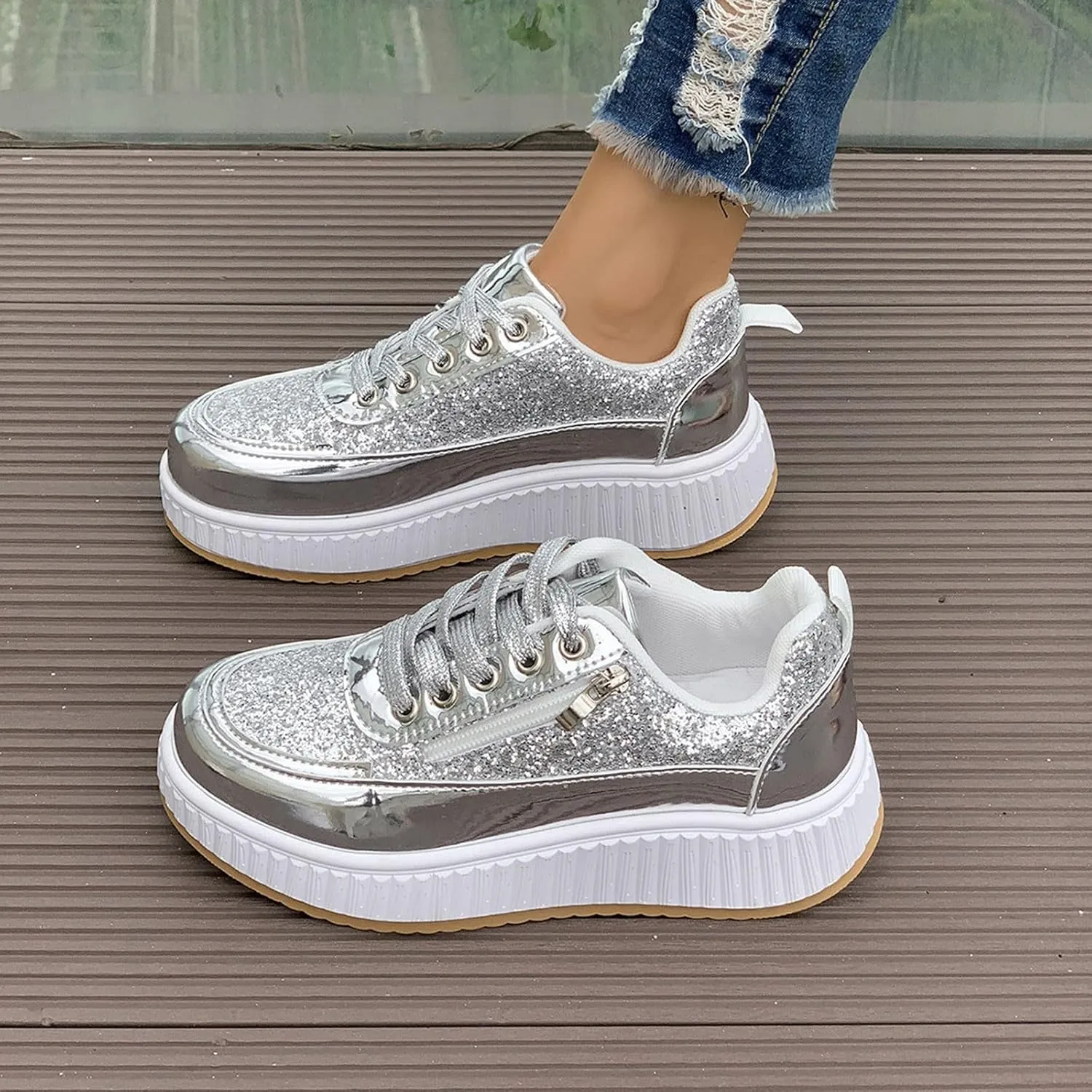 Sparkly Women's Platform Sneakers Fashionable Glossy Lace Up Zipper Round Toe Flat Jogging Tennis Casual Shoes Cushioned Footbed Comfortable Walking Shoe for Gym Travel Daily Wear