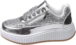 Sparkly Women's Platform Sneakers Fashionable Glossy Lace Up Zipper Round Toe Flat Jogging Tennis Casual Shoes Cushioned Footbed Comfortable Walking Shoe for Gym Travel Daily Wear