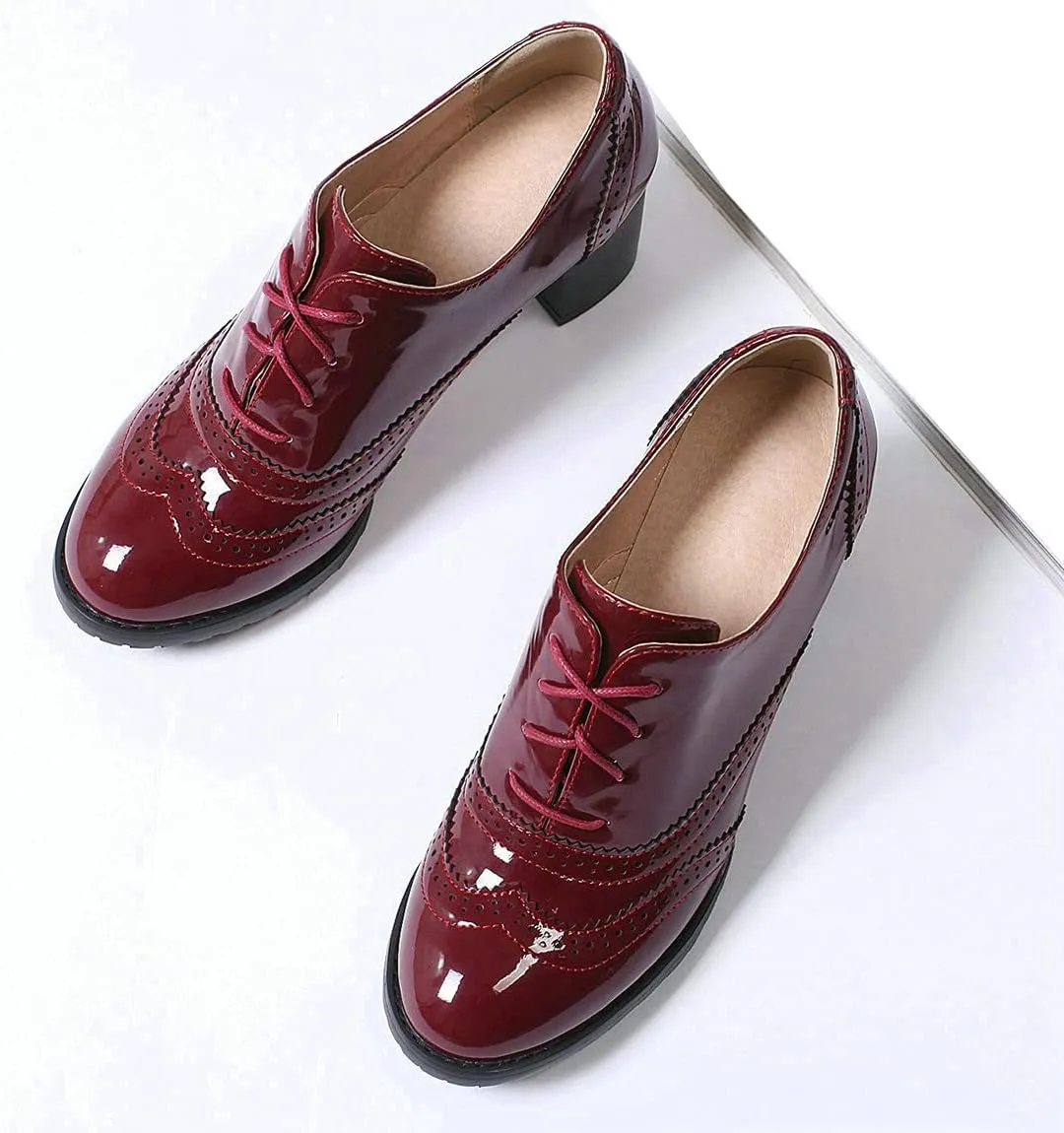 Trendenzy Womens Lace Up Wingtip Oxford Shoes Vintage Chunky Loafers Patent Block Heel Pump