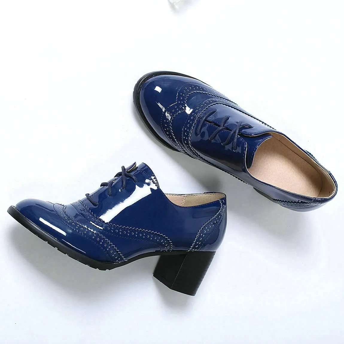 Trendenzy Womens Lace Up Wingtip Oxford Shoes Vintage Chunky Loafers Patent Block Heel Pump
