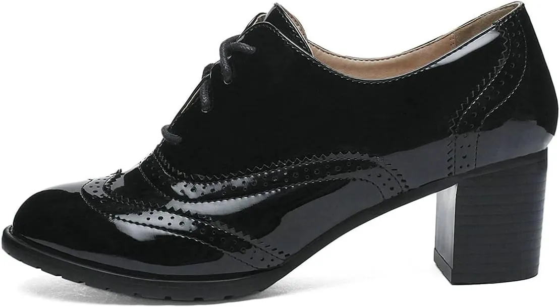 Trendenzy Womens Lace Up Wingtip Oxford Shoes Vintage Chunky Loafers Patent Block Heel Pump