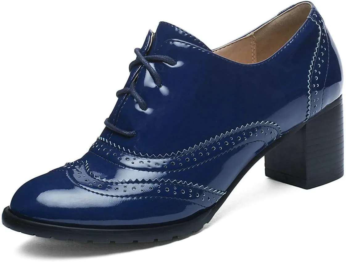 Trendenzy Womens Lace Up Wingtip Oxford Shoes Vintage Chunky Loafers Patent Block Heel Pump
