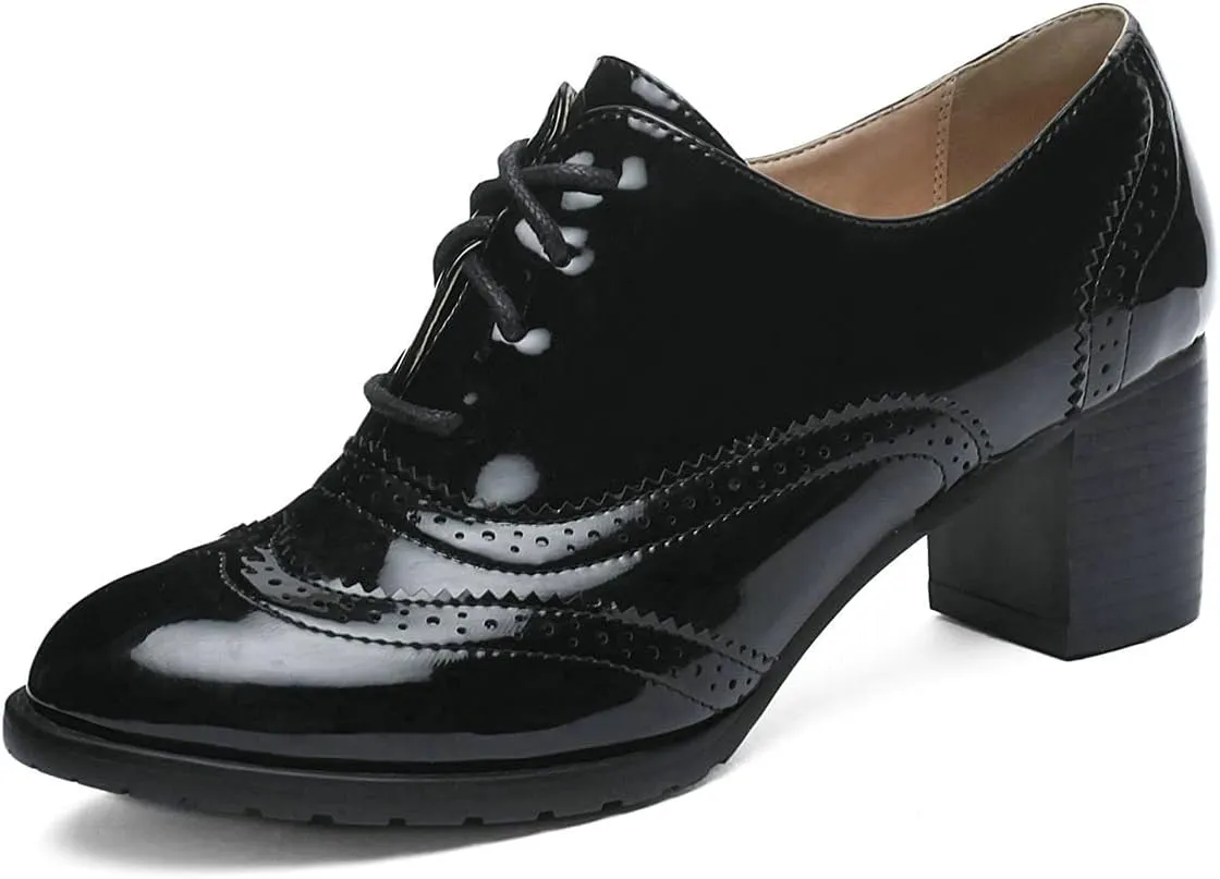 Trendenzy Womens Lace Up Wingtip Oxford Shoes Vintage Chunky Loafers Patent Block Heel Pump