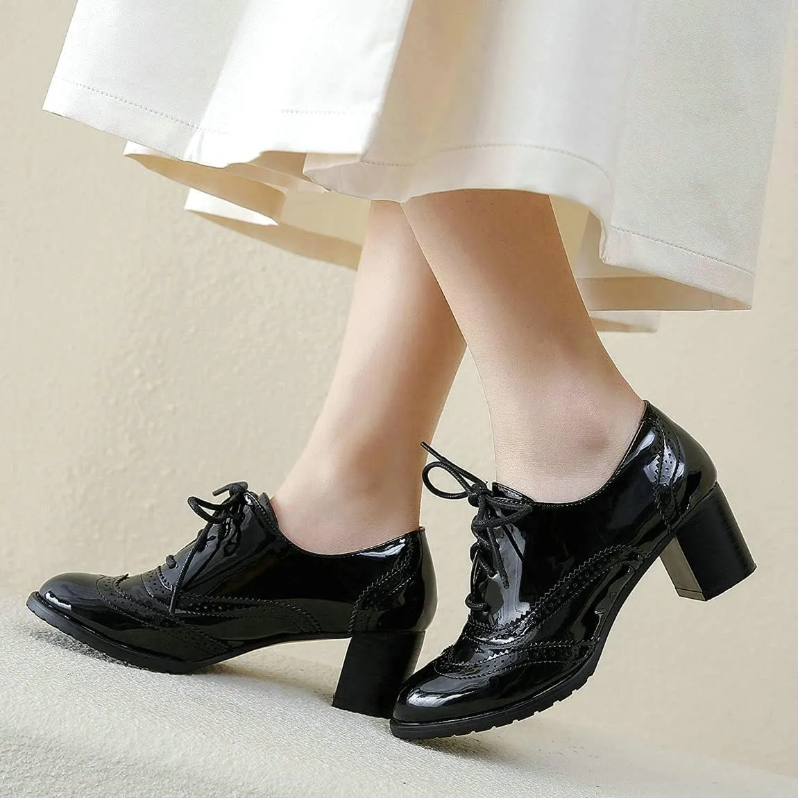 Trendenzy Womens Lace Up Wingtip Oxford Shoes Vintage Chunky Loafers Patent Block Heel Pump