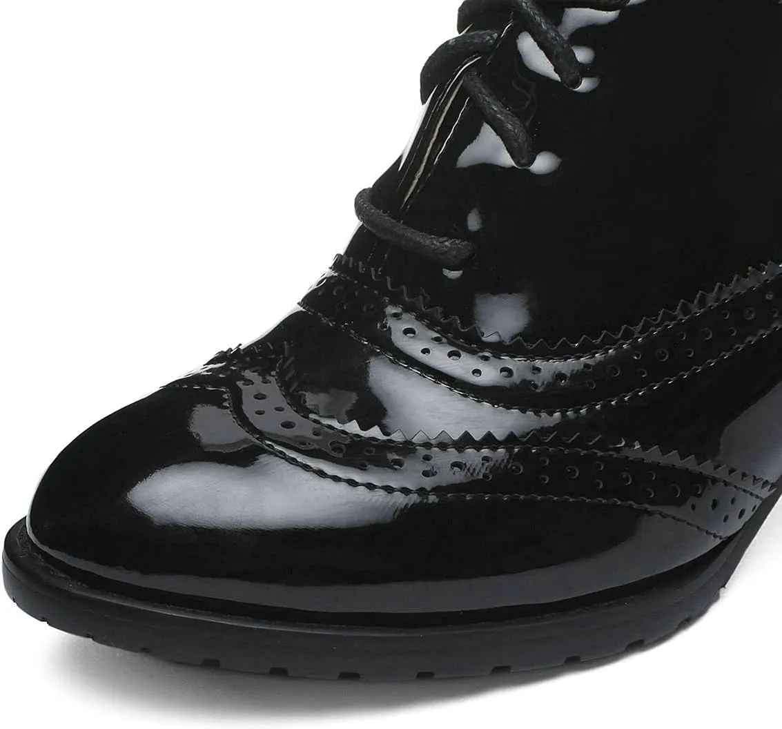 Trendenzy Womens Lace Up Wingtip Oxford Shoes Vintage Chunky Loafers Patent Block Heel Pump