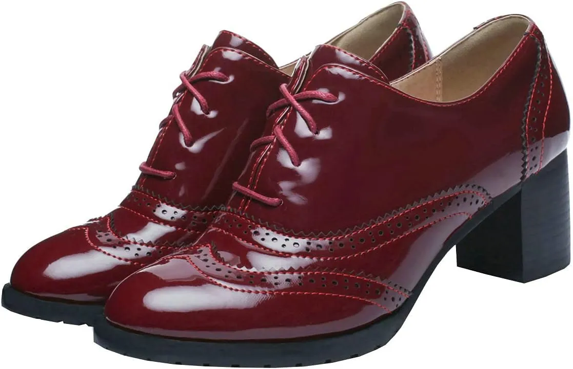 Trendenzy Womens Lace Up Wingtip Oxford Shoes Vintage Chunky Loafers Patent Block Heel Pump