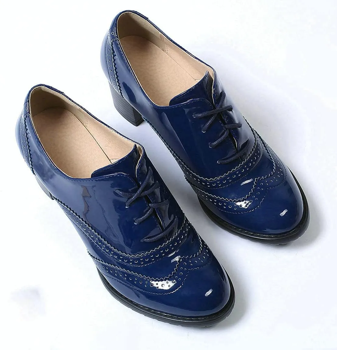 Trendenzy Womens Lace Up Wingtip Oxford Shoes Vintage Chunky Loafers Patent Block Heel Pump