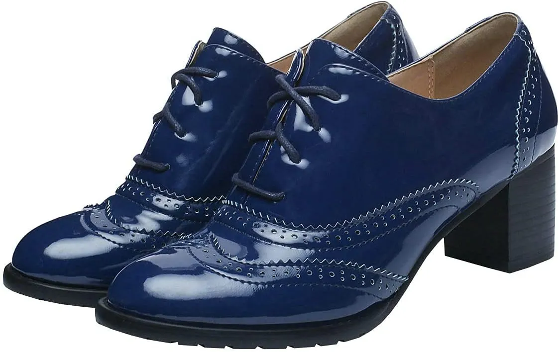 Trendenzy Womens Lace Up Wingtip Oxford Shoes Vintage Chunky Loafers Patent Block Heel Pump