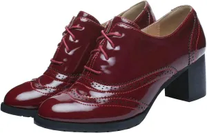 Trendenzy Womens Lace Up Wingtip Oxford Shoes Vintage Chunky Loafers Patent Block Heel Pump