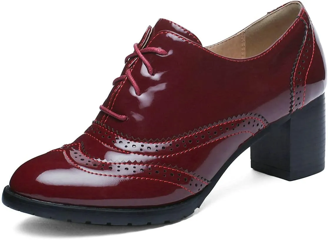 Trendenzy Womens Lace Up Wingtip Oxford Shoes Vintage Chunky Loafers Patent Block Heel Pump