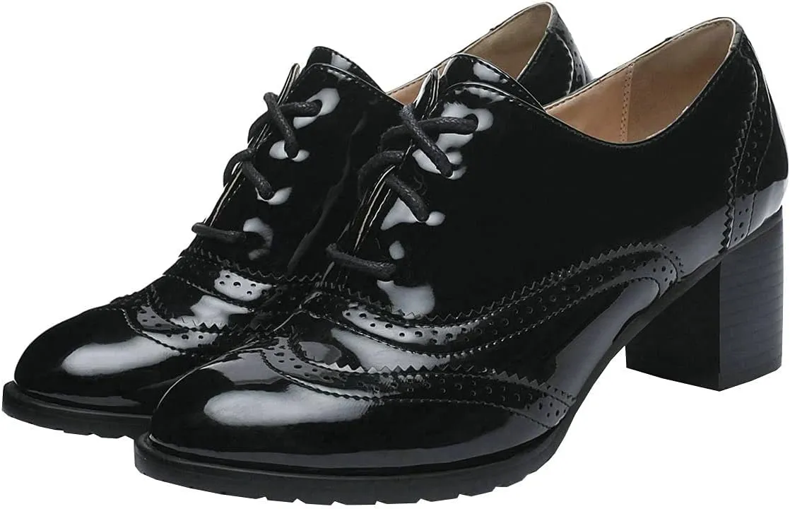 Trendenzy Womens Lace Up Wingtip Oxford Shoes Vintage Chunky Loafers Patent Block Heel Pump
