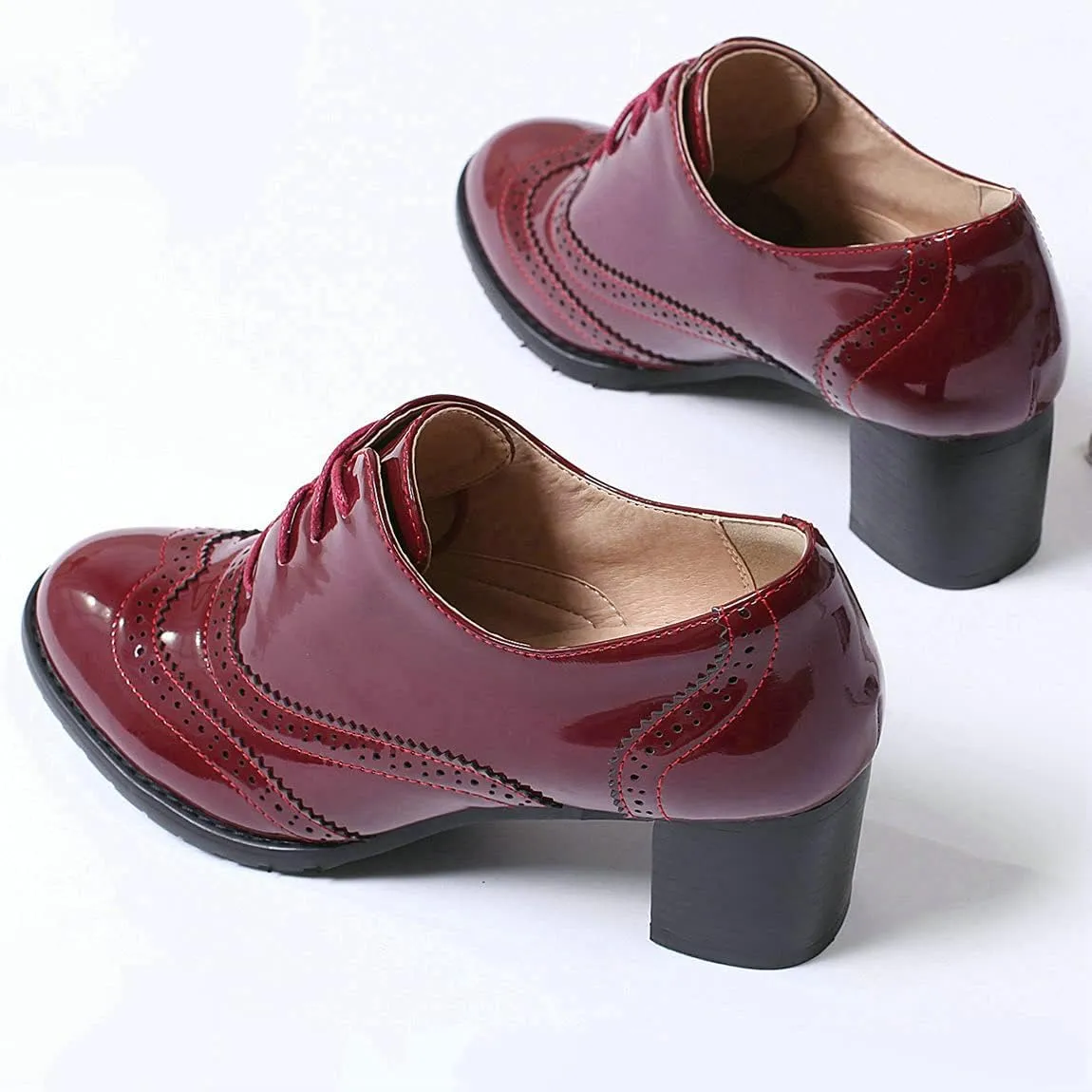 Trendenzy Womens Lace Up Wingtip Oxford Shoes Vintage Chunky Loafers Patent Block Heel Pump
