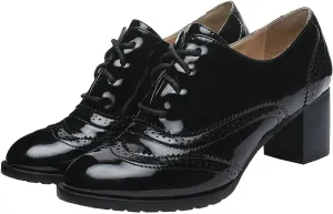 Trendenzy Womens Lace Up Wingtip Oxford Shoes Vintage Chunky Loafers Patent Block Heel Pump