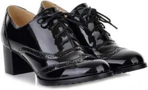 VOKLIN Women's Vintage Lace Up Pump Oxfords Brogues Wingtip Patent Leather Chunky Block Mid Heel Dress Shoes