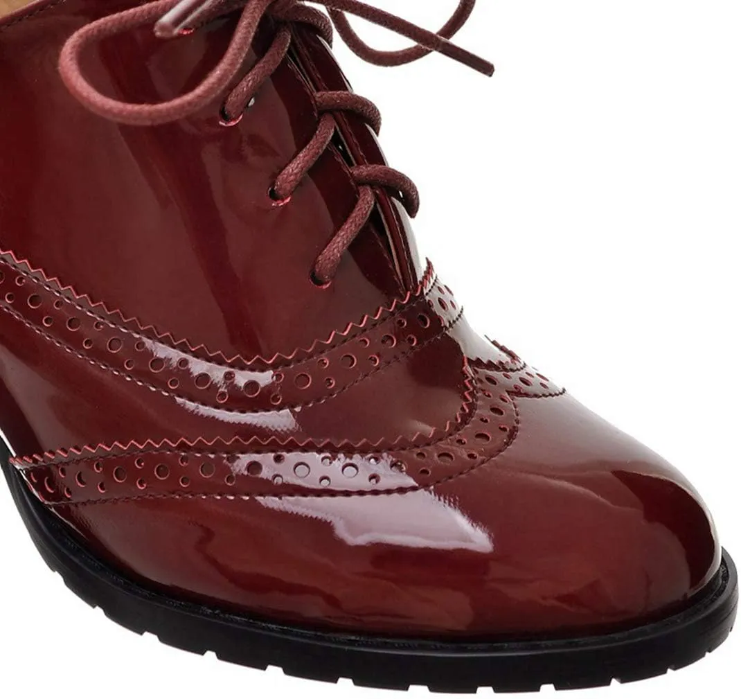 VOKLIN Women's Vintage Lace Up Pump Oxfords Brogues Wingtip Patent Leather Chunky Block Mid Heel Dress Shoes