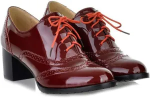 VOKLIN Women's Vintage Lace Up Pump Oxfords Brogues Wingtip Patent Leather Chunky Block Mid Heel Dress Shoes