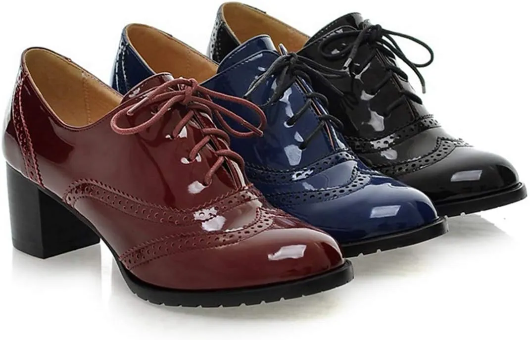 VOKLIN Women's Vintage Lace Up Pump Oxfords Brogues Wingtip Patent Leather Chunky Block Mid Heel Dress Shoes