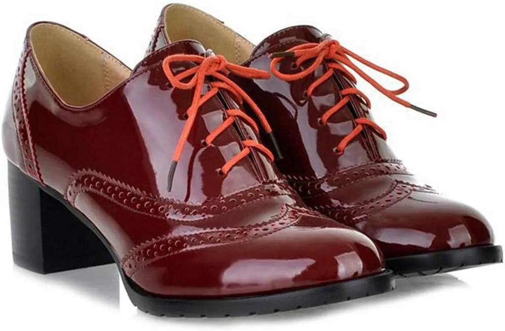 VOKLIN Women's Vintage Lace Up Pump Oxfords Brogues Wingtip Patent Leather Chunky Block Mid Heel Dress Shoes