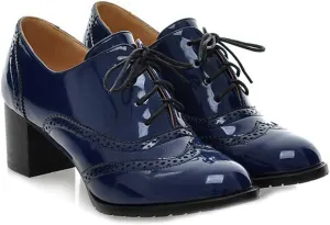 VOKLIN Women's Vintage Lace Up Pump Oxfords Brogues Wingtip Patent Leather Chunky Block Mid Heel Dress Shoes