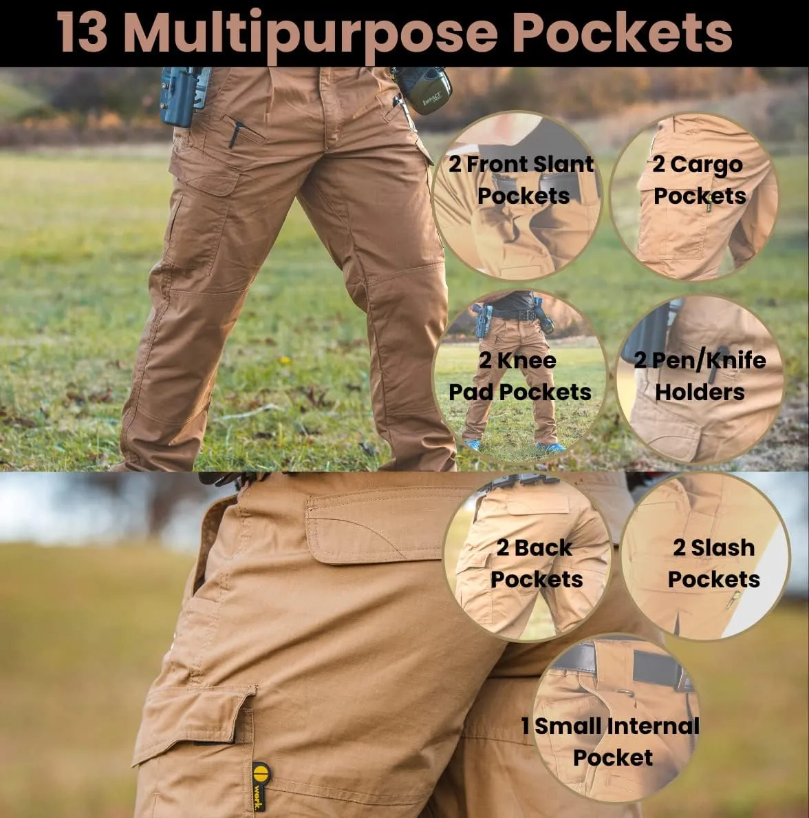 WHITEDUCK Men's Tactical Pants Ripstop Stretch Water Resistant with 13 Pockets Cargo Work Pants- Military Hiking Outdoor
