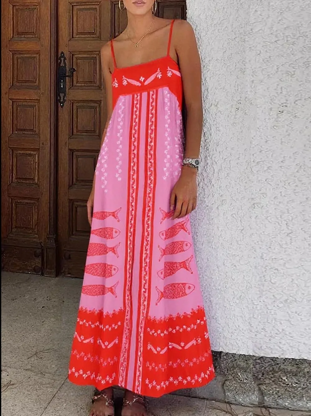 Women Summer Graffiti Maxi Dress Backless Spaghetti Strap Flowy Long Dress Graphic Print Vacation Beach Sundress