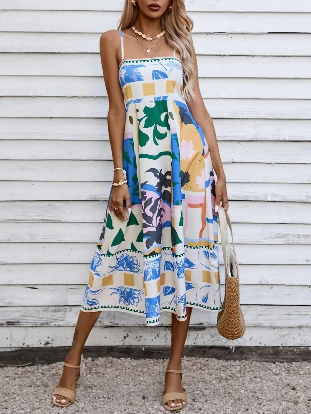 Women Summer Graffiti Maxi Dress Backless Spaghetti Strap Flowy Long Dress Graphic Print Vacation Beach Sundress