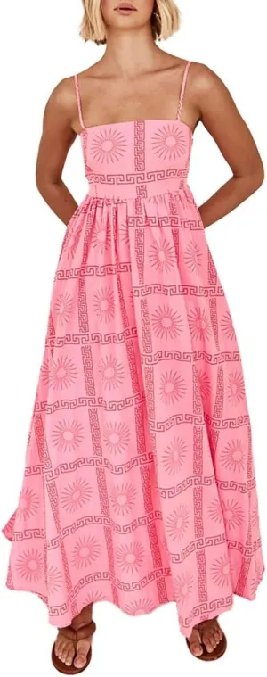 Women Summer Graffiti Maxi Dress Backless Spaghetti Strap Flowy Long Dress Graphic Print Vacation Beach Sundress