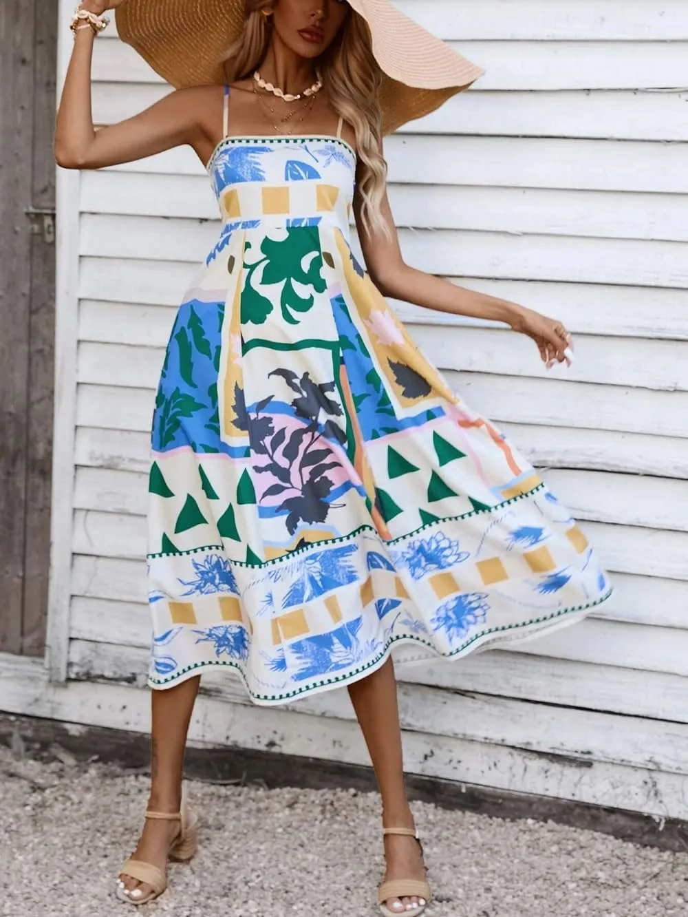 Women Summer Graffiti Maxi Dress Backless Spaghetti Strap Flowy Long Dress Graphic Print Vacation Beach Sundress