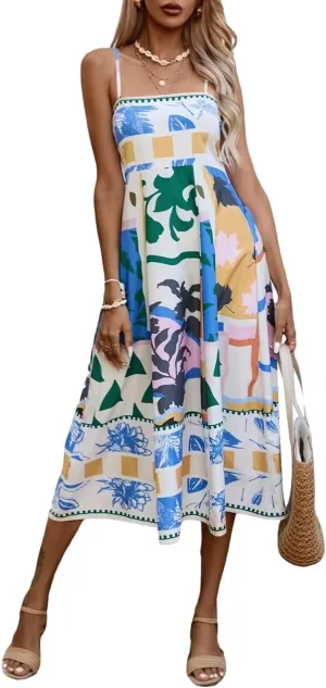 Women Summer Graffiti Maxi Dress Backless Spaghetti Strap Flowy Long Dress Graphic Print Vacation Beach Sundress