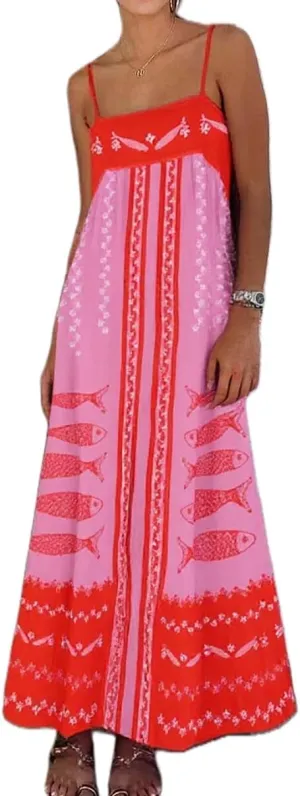 Women Summer Graffiti Maxi Dress Backless Spaghetti Strap Flowy Long Dress Graphic Print Vacation Beach Sundress