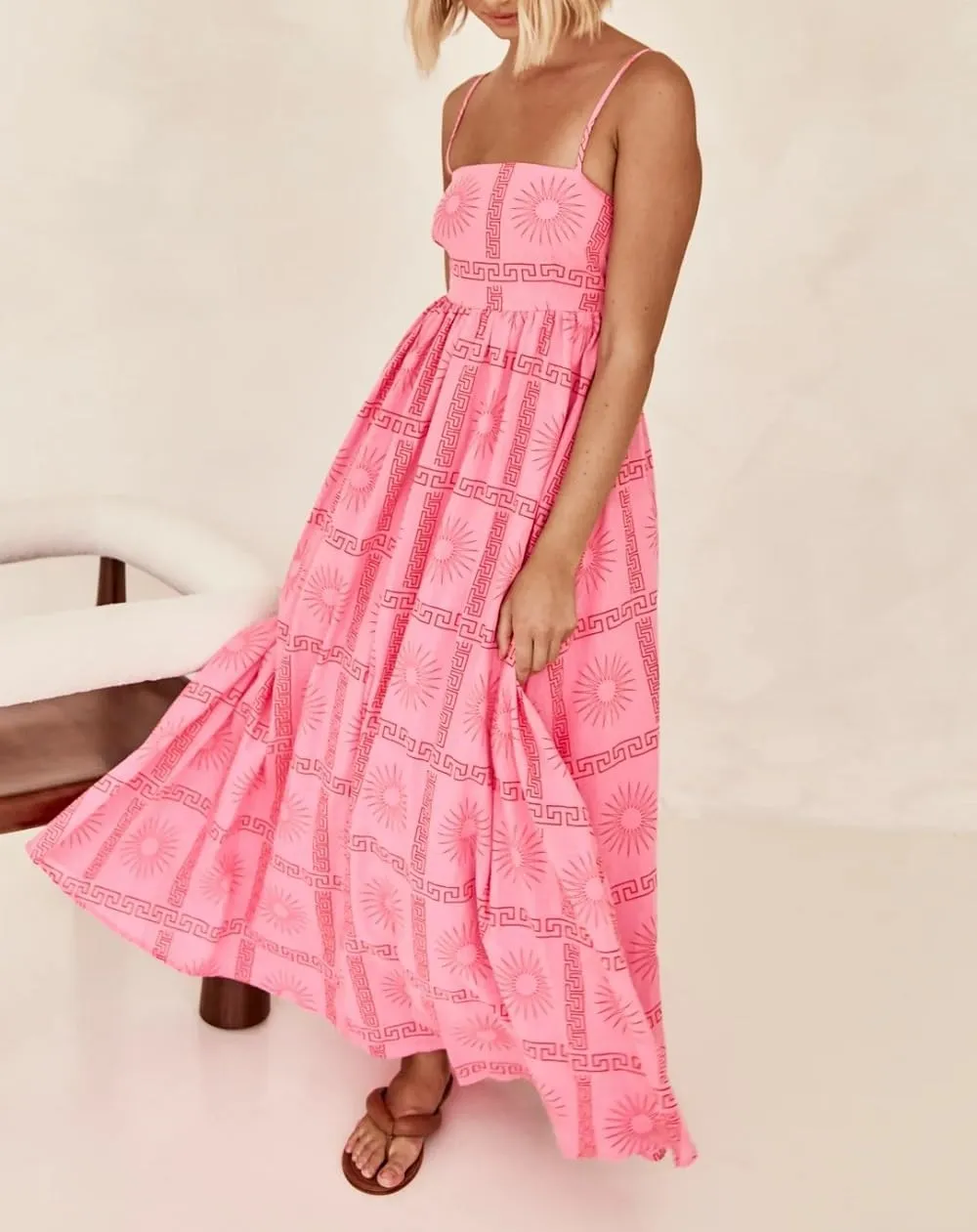 Women Summer Graffiti Maxi Dress Backless Spaghetti Strap Flowy Long Dress Graphic Print Vacation Beach Sundress