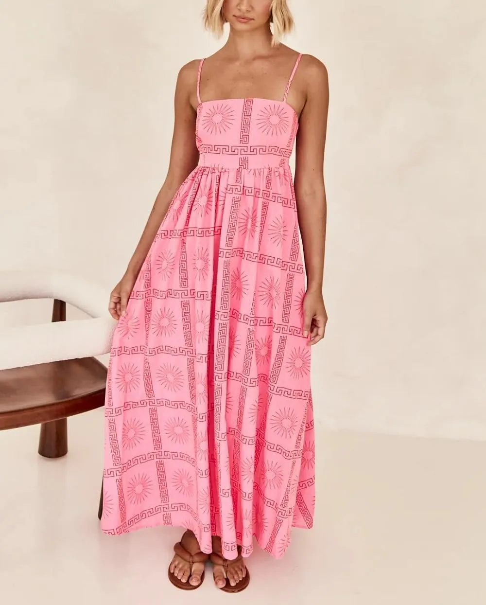 Women Summer Graffiti Maxi Dress Backless Spaghetti Strap Flowy Long Dress Graphic Print Vacation Beach Sundress