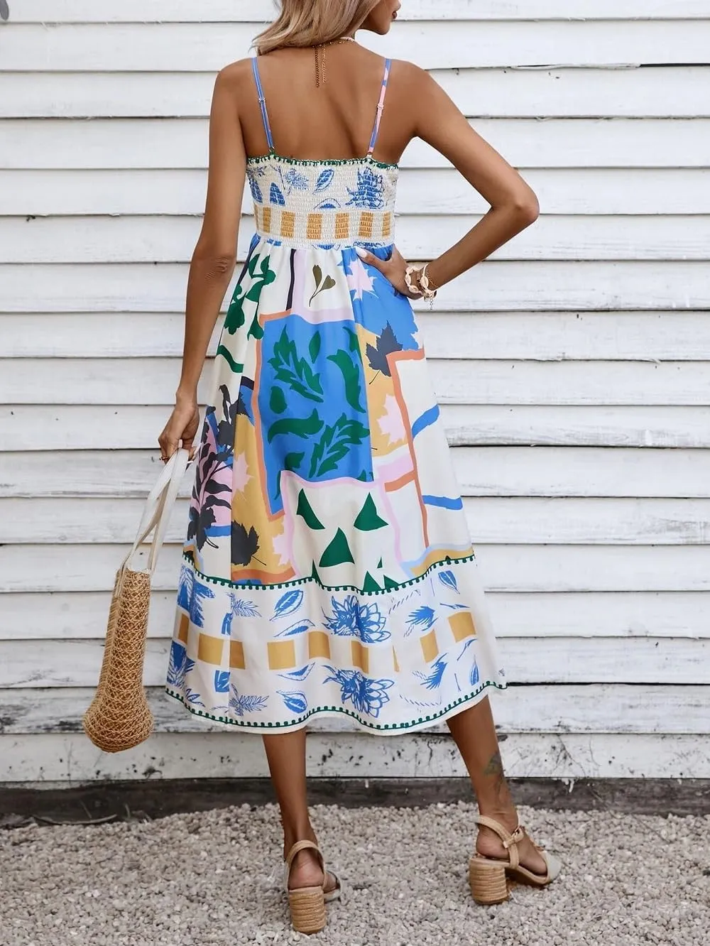 Women Summer Graffiti Maxi Dress Backless Spaghetti Strap Flowy Long Dress Graphic Print Vacation Beach Sundress