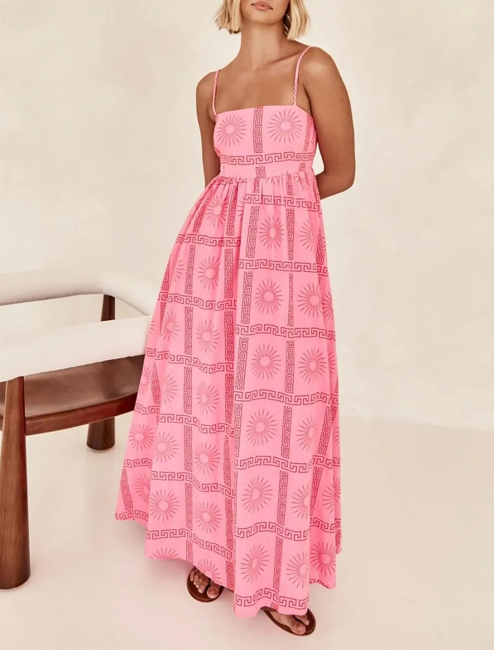Women Summer Graffiti Maxi Dress Backless Spaghetti Strap Flowy Long Dress Graphic Print Vacation Beach Sundress