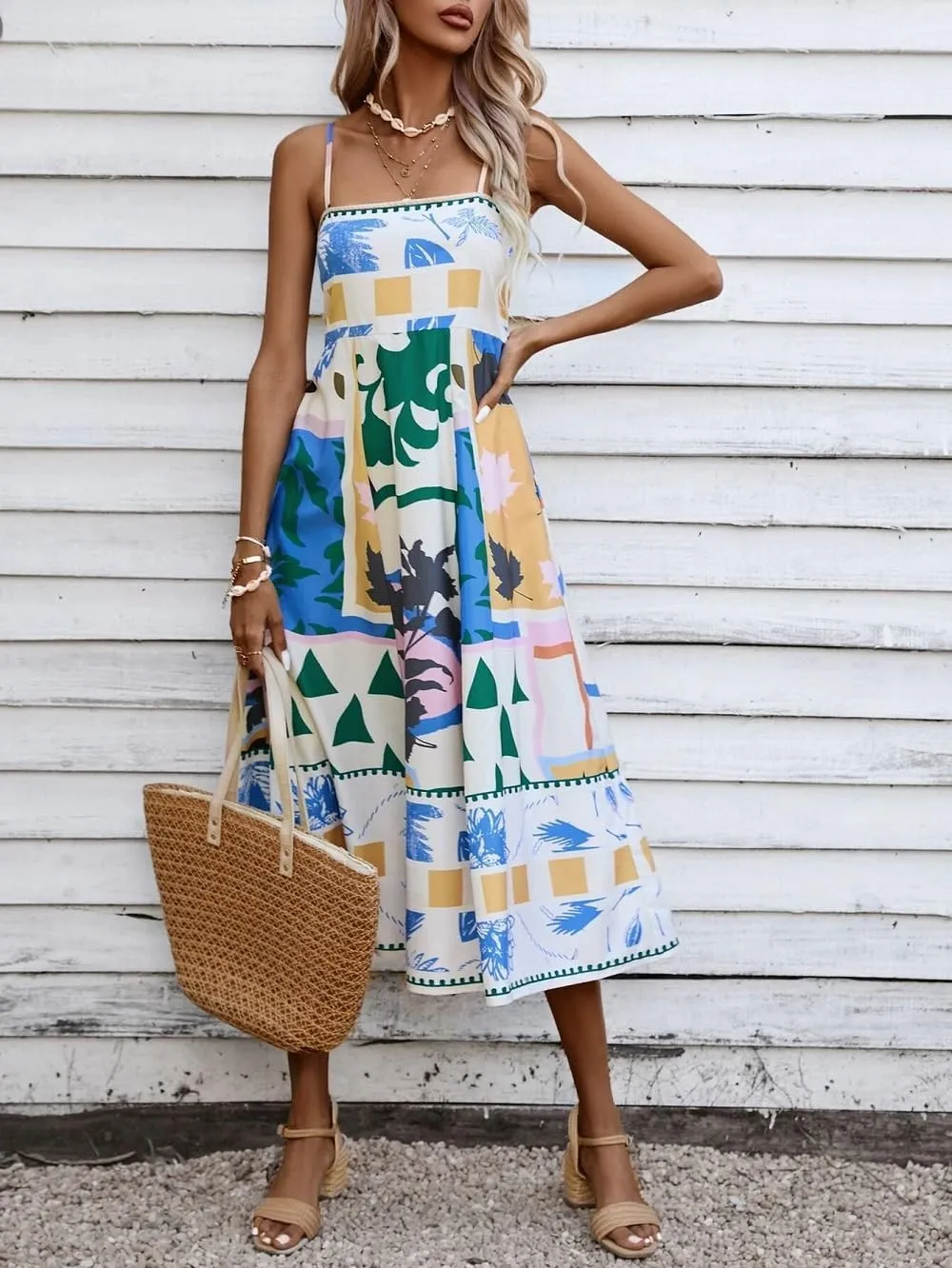 Women Summer Graffiti Maxi Dress Backless Spaghetti Strap Flowy Long Dress Graphic Print Vacation Beach Sundress