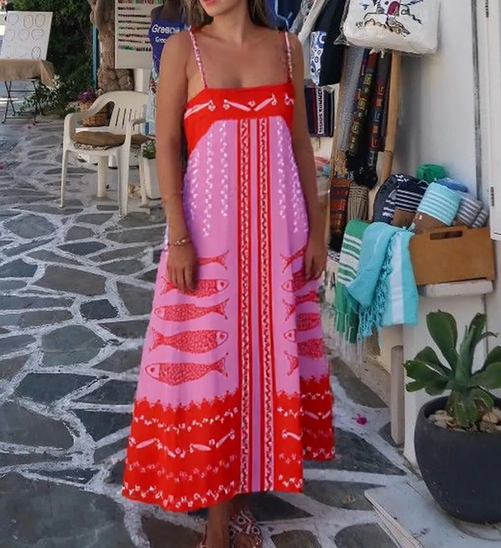 Women Summer Graffiti Maxi Dress Backless Spaghetti Strap Flowy Long Dress Graphic Print Vacation Beach Sundress