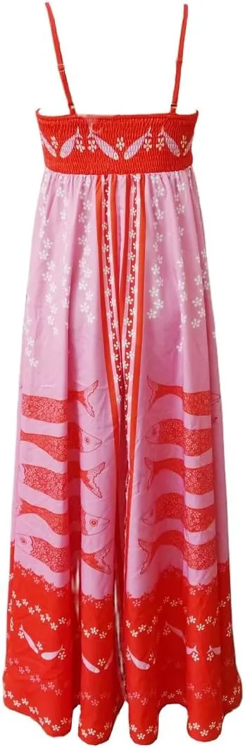 Women Summer Graffiti Maxi Dress Backless Spaghetti Strap Flowy Long Dress Graphic Print Vacation Beach Sundress