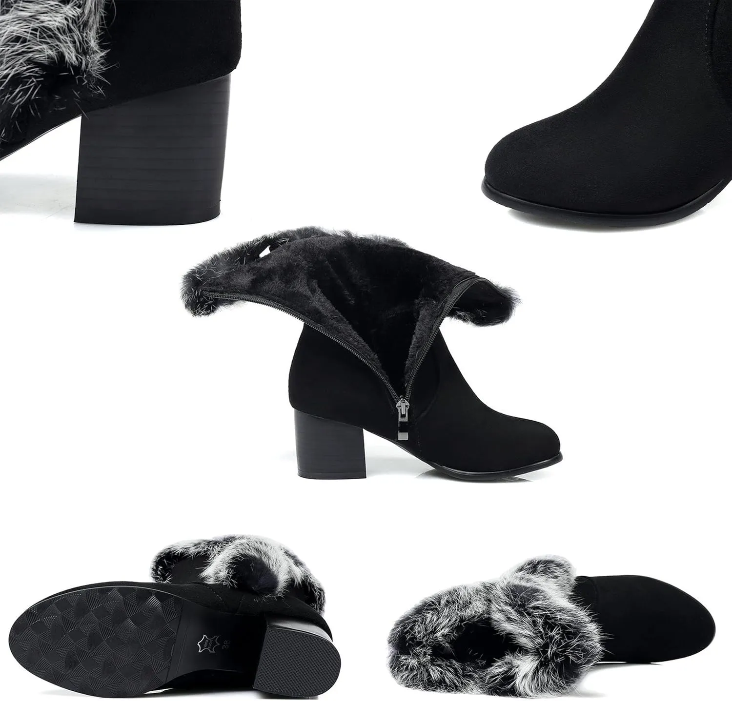 Women Winter Chunky Heel Suede Mid-Calf Snow Boots Comfy Warm High-Top Boot with Side Zipper Non-Slip Hiking Boots